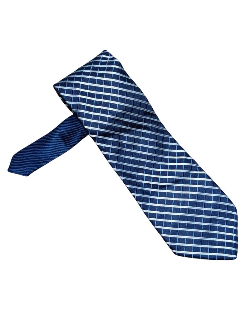 Tommy Hilfiger Necktie Navy Blue Stripe Geometric Silk Made USA Vintage Preppy